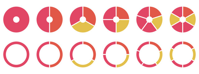 Pie charts diagram set. Circle pie charts 1,2,3,4,5,6,7,8,9,10,11,12 sections. Wheel round segment infographic part. Circle section graph. Pie charts diagrams