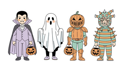Halloween Costumes: A quartet of children, each adorned in whimsical Halloween costumes, holds up their treat bags, ready to revel in the spooky festivities.