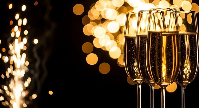 Elegant champagne flutes filled with sparkling wine, set against a backdrop of festive bokeh lights and a dazzling firework display