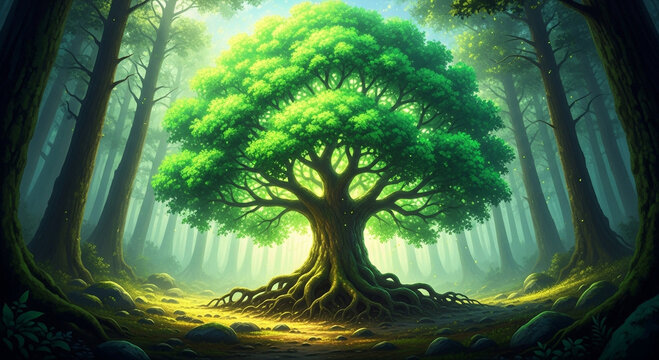 A large tree with green leaves stands in the middle of a forest - Powered by Adobe