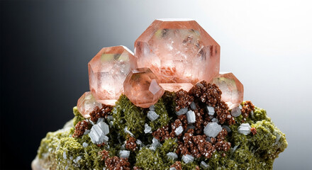 Beautiful morganite crystals on matrix with green moss and white crystals