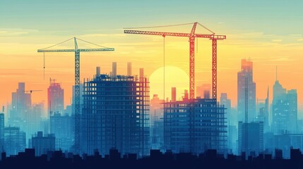 Sunset city skyline with multiple construction cranes and partially built skyscrapers representing urban development and growth