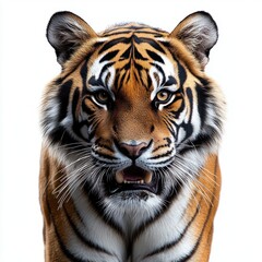 Fototapeta premium Close-up of a majestic tiger looking directly at the camera with intense eyes and slightly open mouth, showcasing its sharp features and vibrant striped fur