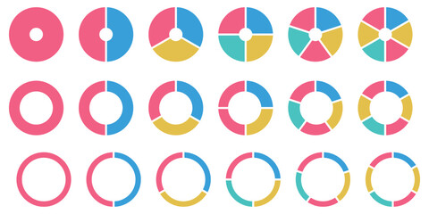 Pie charts diagram set. Circle pie charts 1,2,3,4,5,6,7,8,9,10,11,12 sections. Wheel round segment infographic part. Circle section graph. Pie charts diagrams