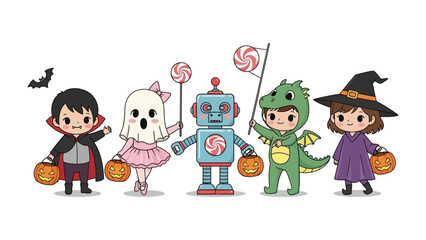 Costumed Kids Trick-or-Treating: A charming illustration depicts a group of children dressed in festive Halloween costumes, each carrying a jack-o'-lantern pail for collecting treats.