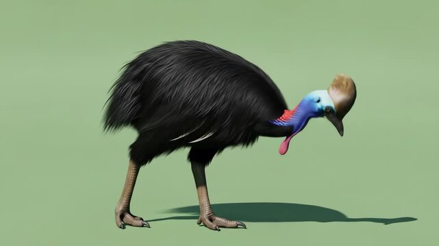 Southern Cassowary Bird Walking on a Green Background.