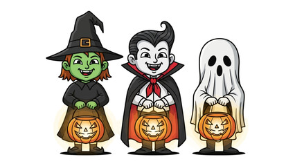 Halloween characters: Delightful Halloween characters, a witch, vampire, and ghost holding trick or treat bags, ready for fun in a cartoon illustration. 