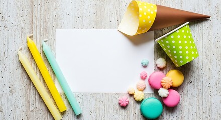 Top view of blank card with party decorations, candles, sweets, and ice cream cone on wooden table, perfect for adding a personalized message or design
