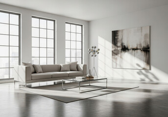 Modern minimalist living room with large windows and abstract art