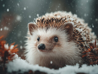 Obraz premium Hedgehog in snowy field, soft focus, winter scene, natural colors