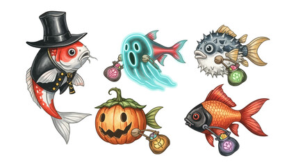 Spooky Fish in Halloween: An imaginative illustrations of Halloween-themed fish in a vibrant portrayal, each with a unique costume, perfect for capturing the festive spirit.