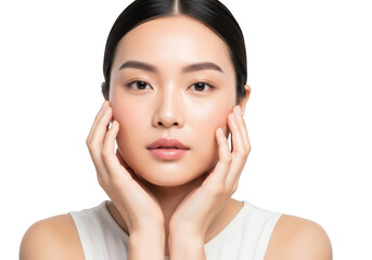 Closeup of a beautiful asian woman with flawless skin, gently touching her face isolated on transparent background, showcasing natural beauty