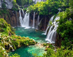 Fototapeta premium Plitvice Lakes National Park Waterfall Landscape.