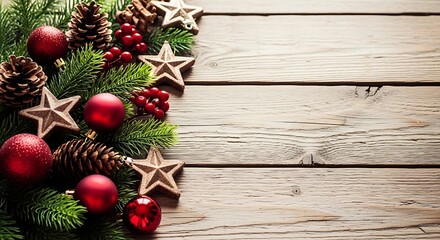 Fototapeta premium Festive christmas decoration with pine branches, ornaments, stars, and berries on a rustic wooden background, creating a cozy and inviting atmosphere