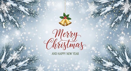 Merry christmas and happy new year greeting card with snowcovered pine branches, snowflakes, and golden bells on a light blue background