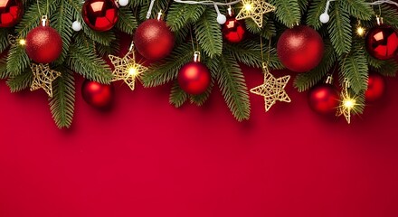 Festive christmas background with red baubles, starshaped lights, and fir branches arranged on a vibrant red surface, leaving ample copy space