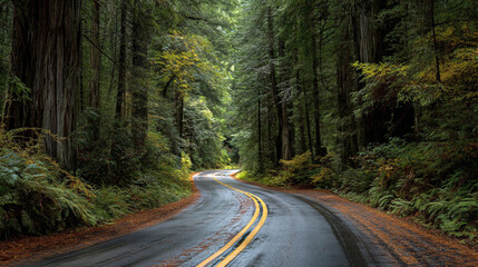 A winding road through a dense forest with tall trees and lush green vegetation on either side