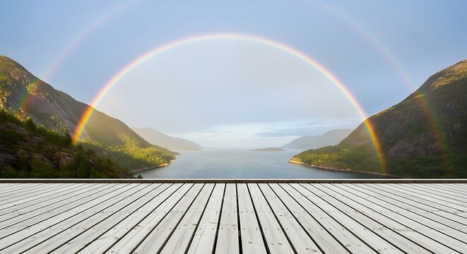 Scenic view of a double rainbow over a fjord, framed by mountains and a wooden deck in the foreground, creating a serene and picturesque landscape