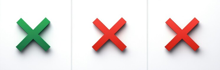Obraz premium Three large 3D crosses mounted on a white wall with smooth shadows, one green cross on the left and two red crosses on the center and right, symbolizing correct and incorrect