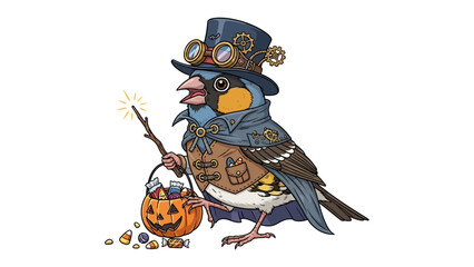 Steampunk Bird Wizard with Halloween Treats: A whimsical, fantastical illustration of a steampunk bird adorned with goggles, a hat, and a cape.