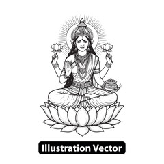 Intricate black and white vector art of Goddess Lakshmi, revered Hindu deity of wealth and prosperity
