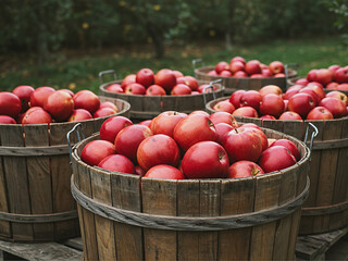 harvest of fresh ripe red apples just collected from the trees are folded into large wooden pallet containers