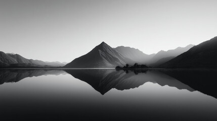 Monochromatic landscape featuring a mountain range reflected in a serene body of water