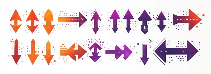 Collection of various stylized arrows in orange and purple colors pointing in different directions with decorative dots and pixelated effects