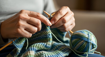 Relaxing knitting project in progress using blue and green yarn with wooden needles for cozy hobby time