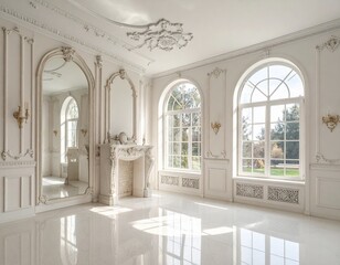 Stunning luxurious empty room with classic ornate details, grand arched windows, and polished marble floors, perfect for elegant interior design concepts.