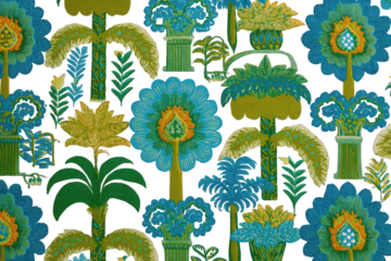 Intricate Botanical Pattern with Teal and Gold Floral Motifs Against Black Backdrop Decorative Repeat Design Wallpaper Textile Design Ornamental Stylized Plants Abstract Nature Illustration Ornate