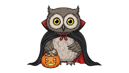 Owl in Halloween Costume: An adorable cartoon owl, dressed in a classic vampire cloak, clutching a jack-o'-lantern filled with treats, perfect for a spooky celebration.