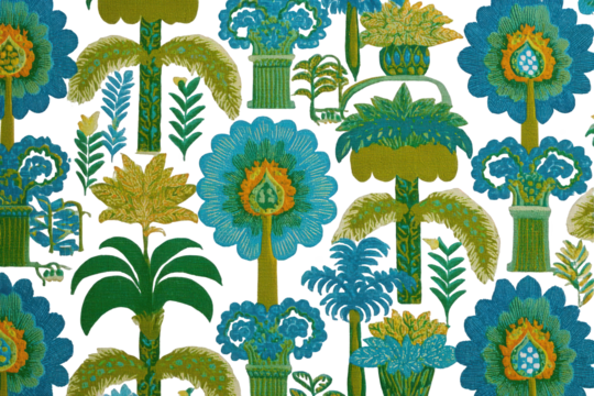 Intricate Botanical Pattern with Teal and Gold Floral Motifs Against Black Backdrop Decorative Repeat Design Wallpaper Textile Design Ornamental Stylized Plants Abstract Nature Illustration Ornate