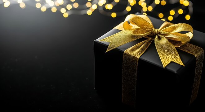 Elegant black gift box with golden ribbon and blurred lights, creating a luxurious and festive atmosphere for christmas and special occasions