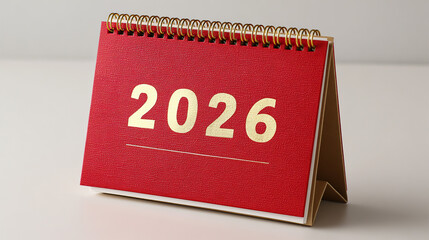 The small desk calendar features a red cover and gold spiral binding, with the bold gold number "2026" printed on it, symbolizing New Year's plans, goals, and fresh starts
