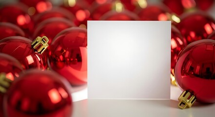 Blank white card surrounded by red christmas ornaments, creating a festive mockup for holiday greetings or promotional messages