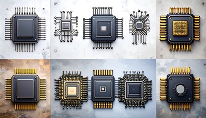 Collage of various computer chips, showcasing evolution in design and technology.  Different sizes, colors, and configurations