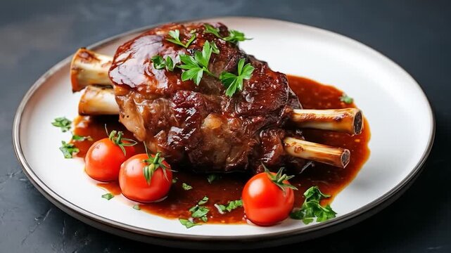 Osso buco on plate with tomato garnish gourmet food photography