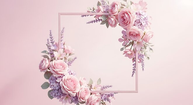 Elegant floral frame with pink roses and lavender, perfect for wedding invitations, greeting cards, or romantic designs, isolated on white background - Powered by Adobe