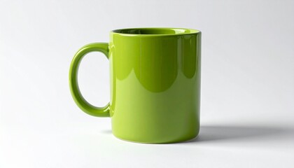 Bright green ceramic mug with glossy finish and rounded handle, placed against plain white background, emphasizing vibrant color, minimal design, and clean product presentation.