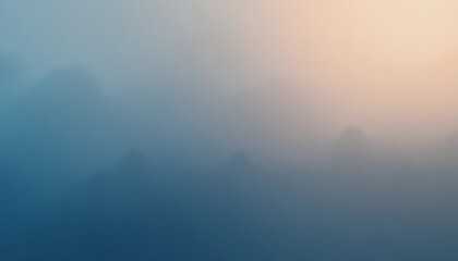 Abstract mountain silhouette in blue fog mist with orange light gradient sky background