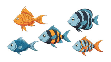 Naklejka premium Aquatic Wonders: A captivating array of five vibrantly colored cartoon fish swimming gracefully, a harmonious blend of aquatic charm and fanciful design.