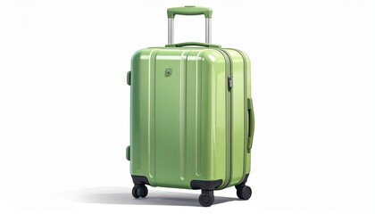 Green hard-shell suitcase with telescopic handle, four wheels, and vertical ridges, placed on white background, showcasing modern travel gear with sleek design and functional portability.