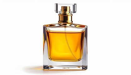 Clear glass perfume bottle with golden-orange liquid and faceted gem-like cap, rectangular body reflecting light, emphasizing luxury, elegance, and premium fragrance product design.