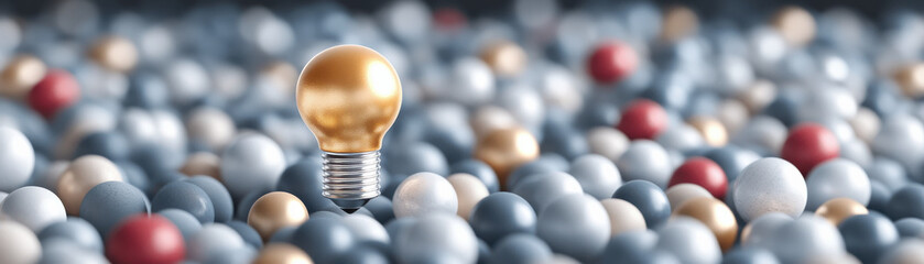 Golden light bulb stands out among many silver and red spheres, symbolizing unique ideas and creative thinking in crowded environment
