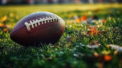 Obraz premium Close-up of a wet American football lying on green grass with autumn leaves scattered around during early morning or late afternoon