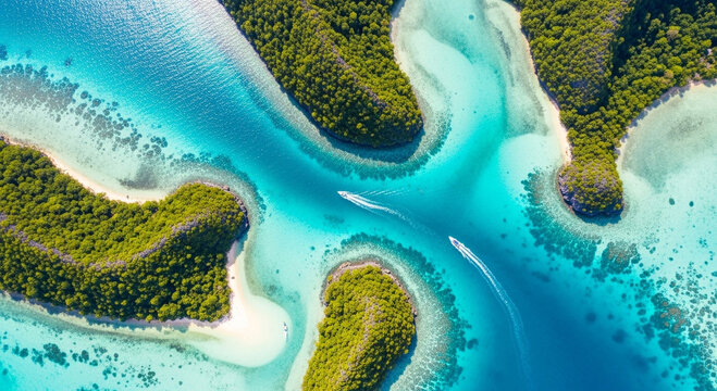 Aerial view of boats navigating through turquoise waters in raja ampat, indonesia
