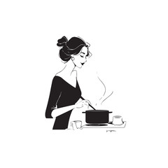 Black and White Illustration of Beautiful Woman Cooking in the Kitchen Minimalist Elegant Artwork Design