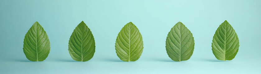 Green leaf arrangement on light blue background with natural texture and fresh organic appearance creating calm and peaceful mood