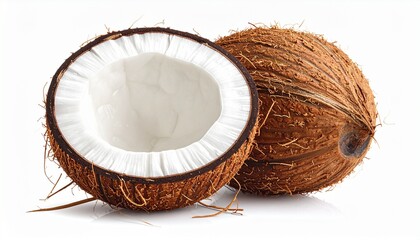 Whole and halved coconuts showing fibrous brown shell and smooth white flesh, isolated on white background, highlighting contrast in texture and edible anatomy for culinary or educational use.